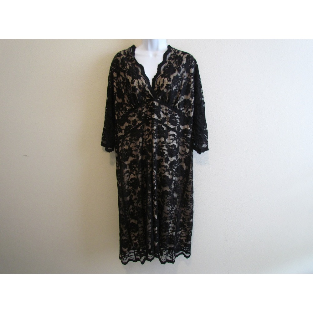 Kiyonna Lace Cocktail Dress Size 2X Black Nude V-Neck 3/4 Sleeve Midi Wedding